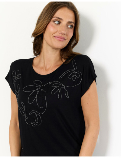 T-Shirt manches courtes uni décoré NOIR Femme