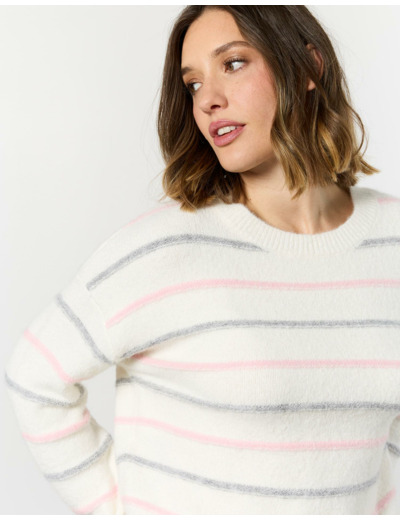 Pull épais contenant de la laine rayé BLANC Femme