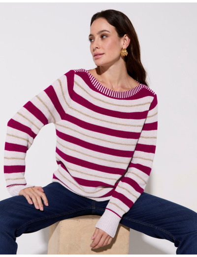 Pull marinière contenant de la laine rayé FUCHSIA Femme