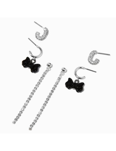 Boucles d'oreilles superposables chaîne de strass nœud noir couleur argentée - Lot de 3