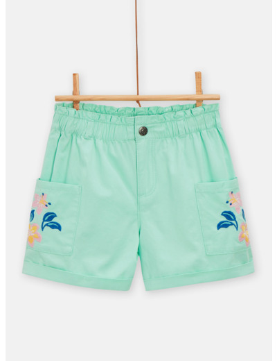 Short vert d'eau avec broderies fleuries pour fille