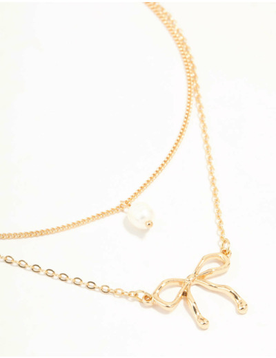 Gold Pearl & Bow Layered Necklace