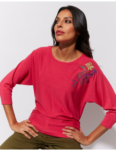 Pull fin uni décoré FUCHSIA Femme