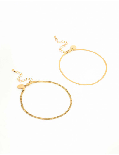 Waterproof Gold Plated Stainless Steel Mixed Snake Chain Anklets 2-Pack