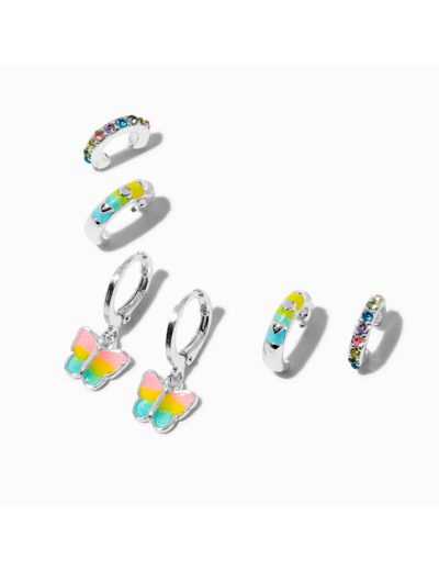 Boucles d’oreilles superposables huggies papillon arc-en-ciel couleur argentée - Lot de 3