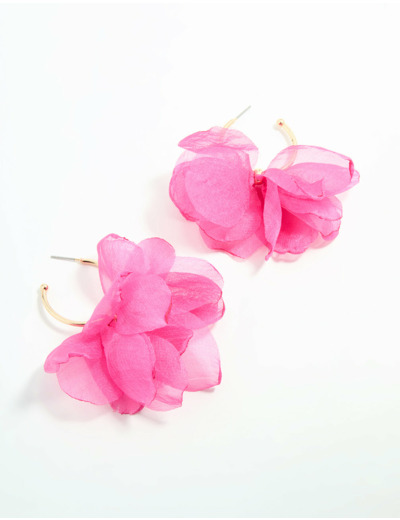 Gold Pink Fabric Flower Hoop Earrings