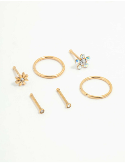 Gold Plated Titanium Flower Nose Studs & Nose Rings 6-Pack