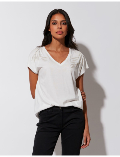 T-Shirt manches courtes 100% coton uni décoré BLANC Femme