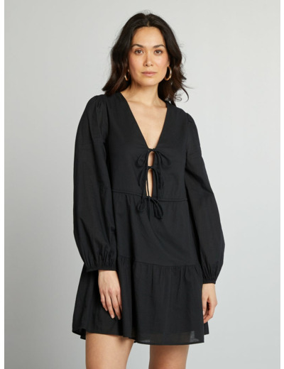 Robe à nouettes en popeline avec col en V - noir