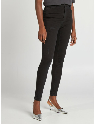 Jean slim taille haute avec abrasions fantaisies - Noir