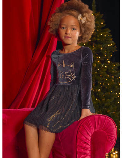 Robe bleue avec tulle animation chat glitter pour fille