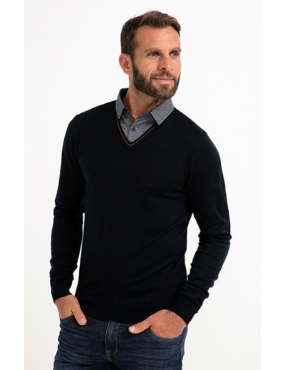 Pull Uni Col V Avec Chemise