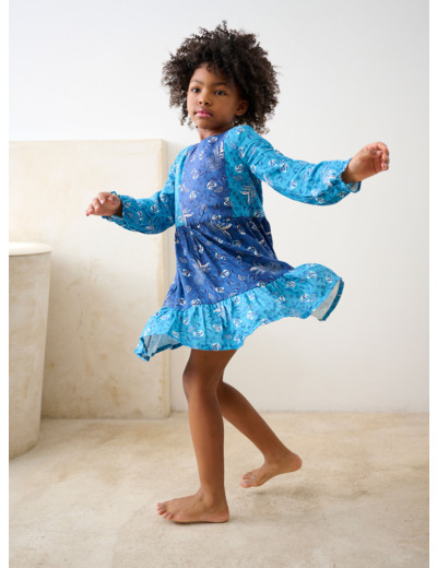 Robe bleue imprimée façon patchwork pour fille