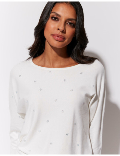 Pull fin uni décoré BLANC Femme