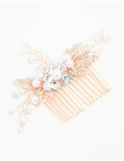 Rose Gold Diamante & Pearl Leaf Hair Comb