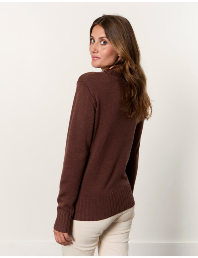 Pull épais contenant de la laine uni décoré MARRON Femme