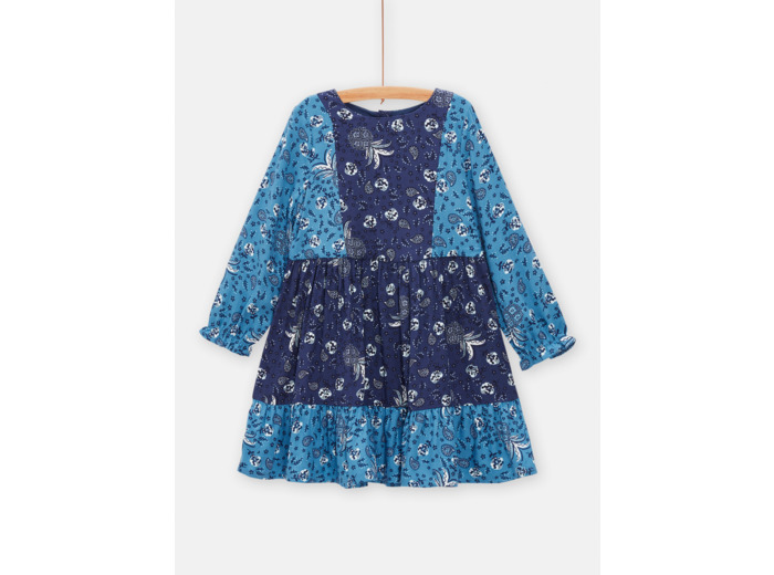 Robe bleue imprimée façon patchwork pour fille