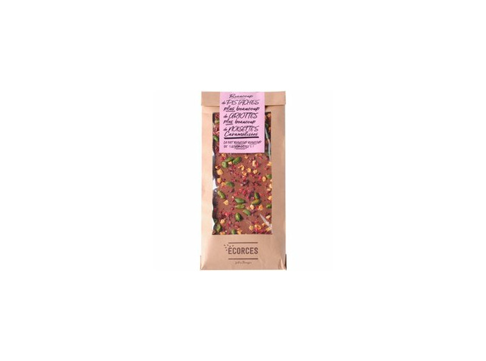 Écorce chocolat lait, pistaches, griottes et noisettes 135g