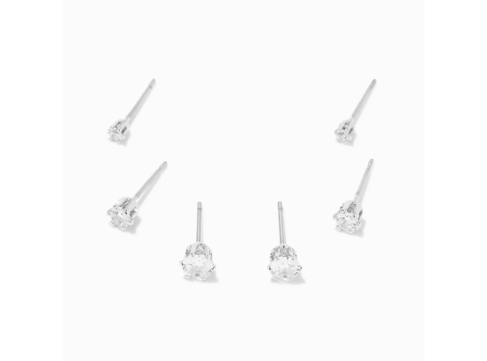 Clous d’oreilles ronds ornés en zircon cubique d’imitation couleur argentée - 2 mm, 3 mm, 4 mm