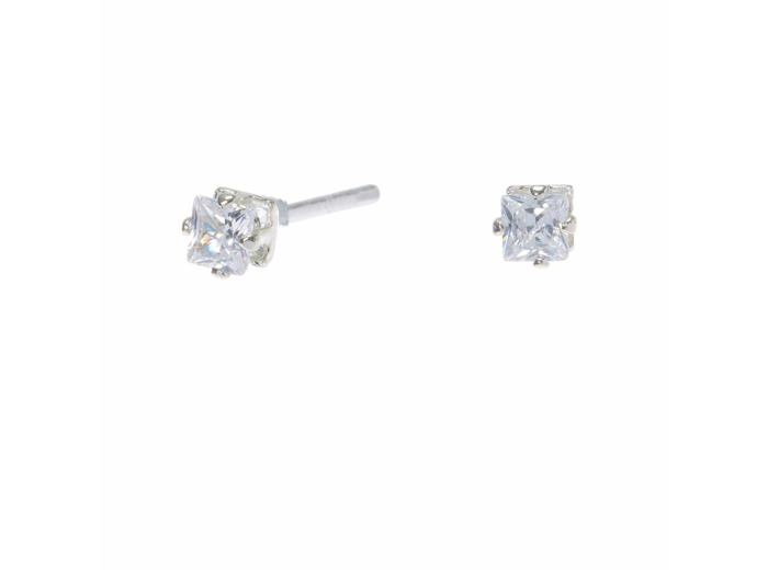 Clous d'oreilles carrés avec strass en zircon cubique d'imitation couleur argentée - 3 mm