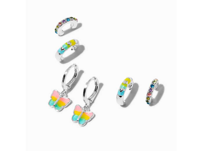 Boucles d’oreilles superposables huggies papillon arc-en-ciel couleur argentée - Lot de 3