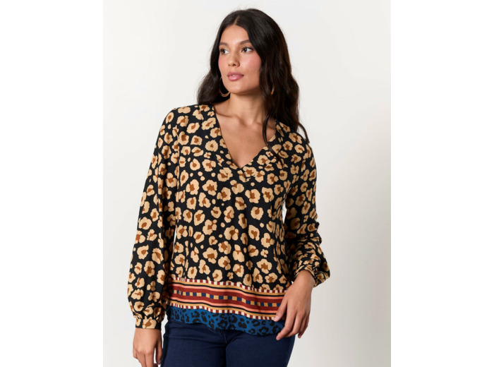 Blouse manches longues imprimé léopard NOIR Femme