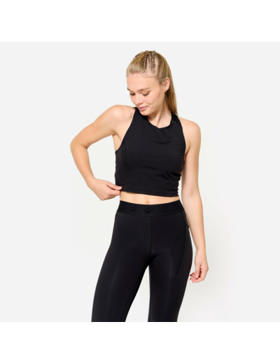 Débardeur de fitness crop-top moulant femme, noir