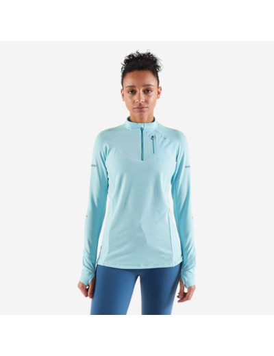 T-shirt 1/2 zip manches longues de running Femme - KIPRUN Run 500 Warm Bleu ciel