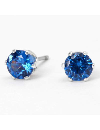 Clous d'oreilles ronds avec strass en zircon cubique d'imitation couleur argentée - Bleu, 5 mm