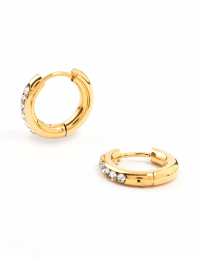 Waterproof Gold Plated Stainless Steel Round Diamante Clicker Hoop Earrings