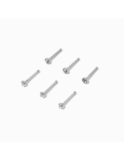 Clous de nez 0,8 mm avec zircon cubique en acier inoxydable couleur argentée - Lot de 6