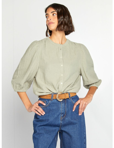 Blouse brodée en gaze de coton - Kaki