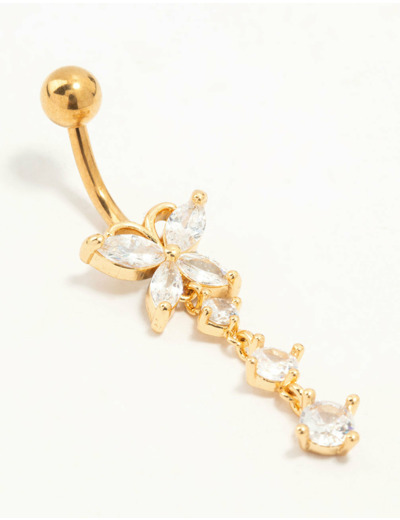 Gold Plated Surgical Steel Cubic Zirconia Butterfly Belly Bar