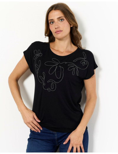 T-Shirt manches courtes uni décoré NOIR Femme