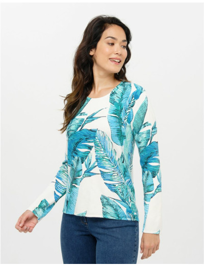 Pull blanc bleu plumes