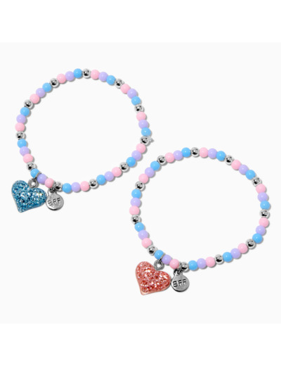 Bracelets élastiques en perles de rocaille cœurs pailletés best friends - Lot de 2