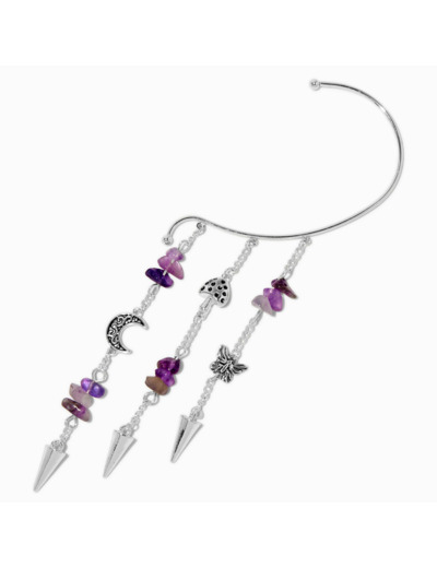 Manchette d'oreille pendante avec champignon strass violets couleur argentée