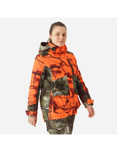 Veste chasse femme 3 en 1 chaude imperméable silencieuse camouflage fluo 500