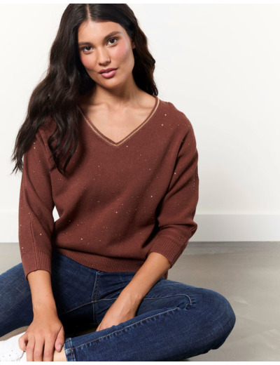 Pull épais en mélange coton uni décoré MARRON Femme