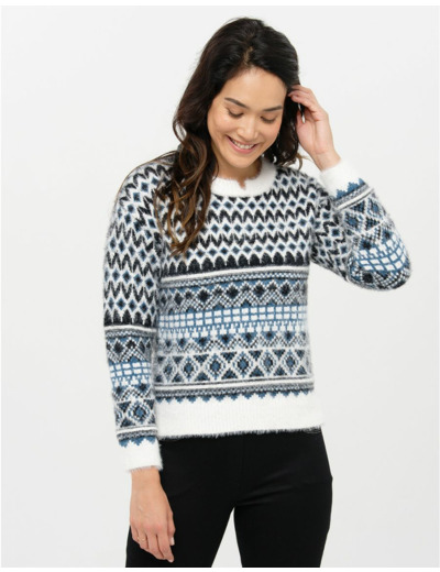 Pull jacquard bleu blanc