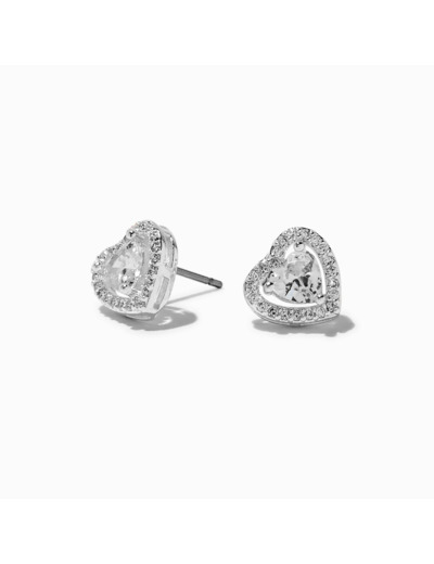 Clous d'oreilles en zircon cubique cœur couleur argentée