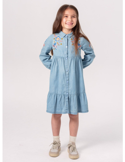 Robe effet denim avec broderies fleuries pour fille