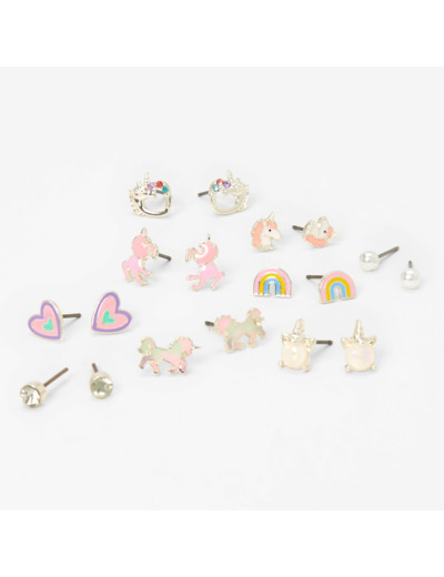 Clous d’oreilles licorne couleur argentée - Lot de 9