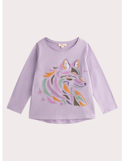 T-shirt violet animation loup avec broderies pour fille