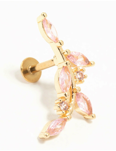 Gold Plated Surgical Steel Pink Diamante Vine Single Flat Back Stud