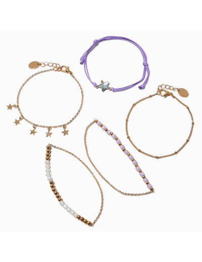 Bracelets tressés violets et perlés célestes couleur dorée - Lot de 5