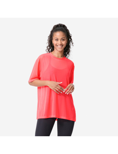 T-shirt de fitness résille et loose femme, rose