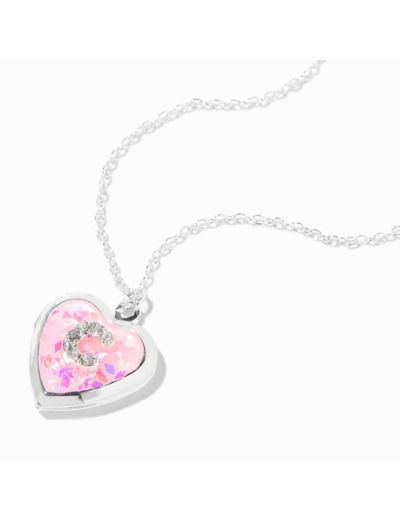 Collier à médaillon cœur pailleté à initiale décorée rose (C)