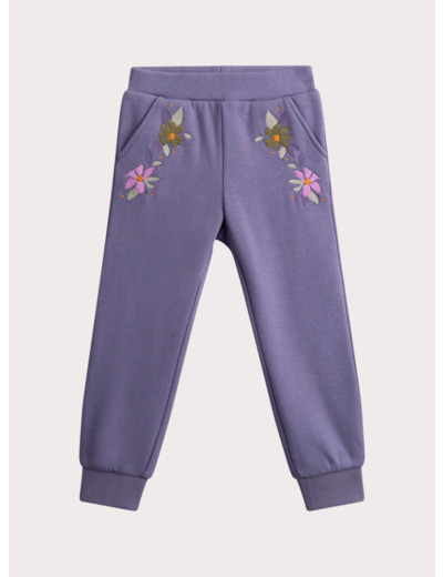 Pantalon chaud violet broderies fleuries pour fille