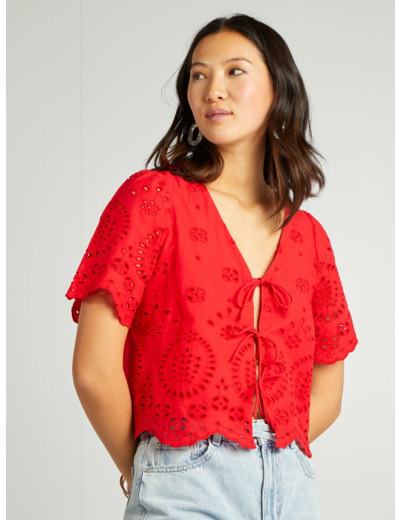 Blouse brodée avec nœuds - rouge